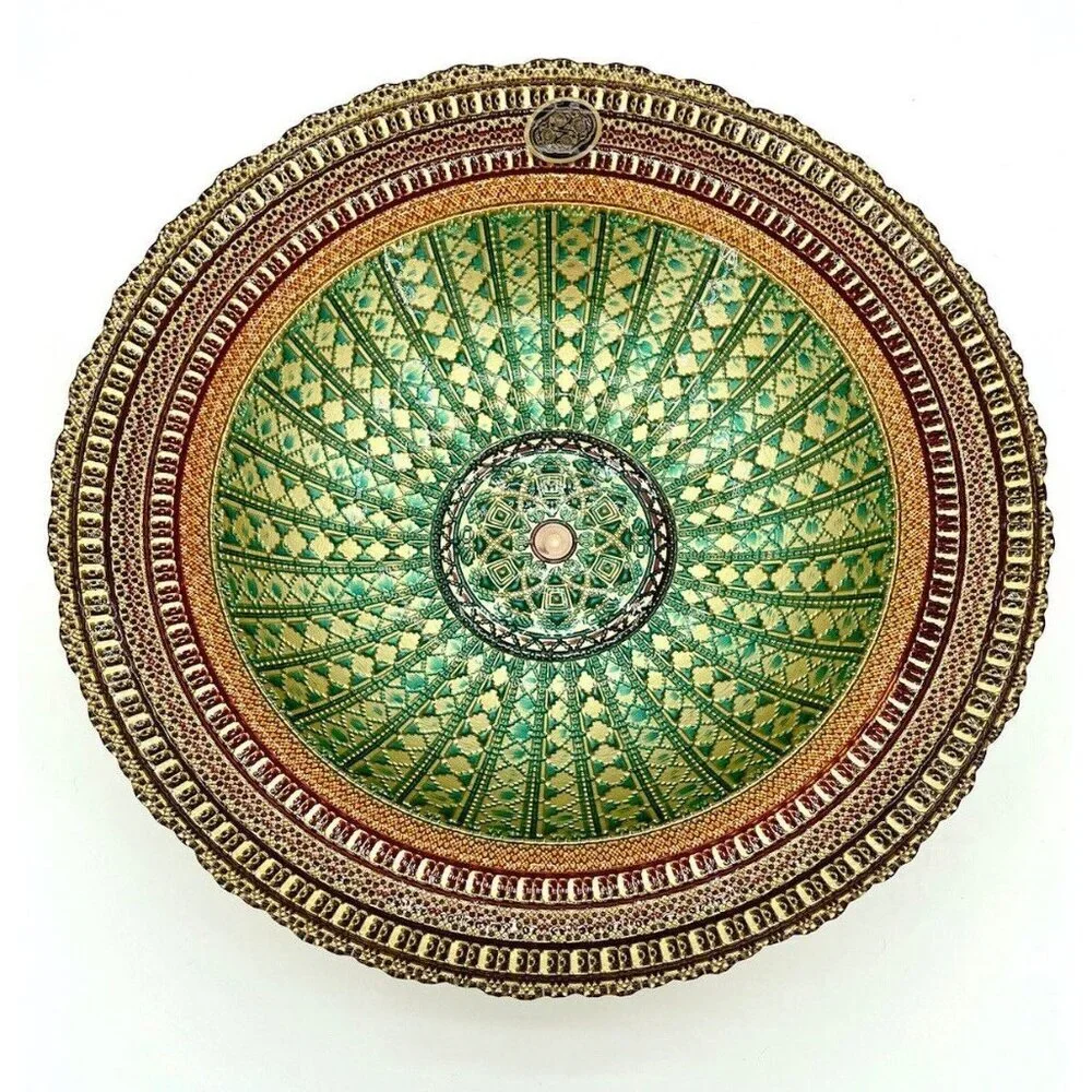 Turkish Glass Round Bowl Dinner Display Gold Lace Print 13.75